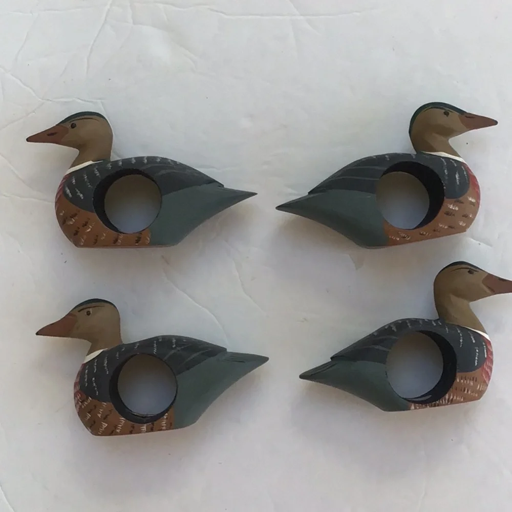 Hand Painted Rustic Primitive Wood Duck Napkin Rings‎ 4 pieces